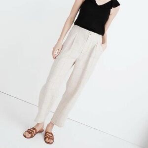 NWT Madewell Linen Pleated Taper Wide-Leg Pants in Windowpane